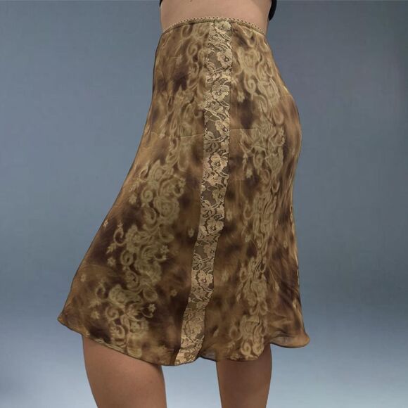 INC International Concepts Silk Skirt 8 Brown Lace Midi Boho Y2K Paisley Fairy - Picture 4 of 7